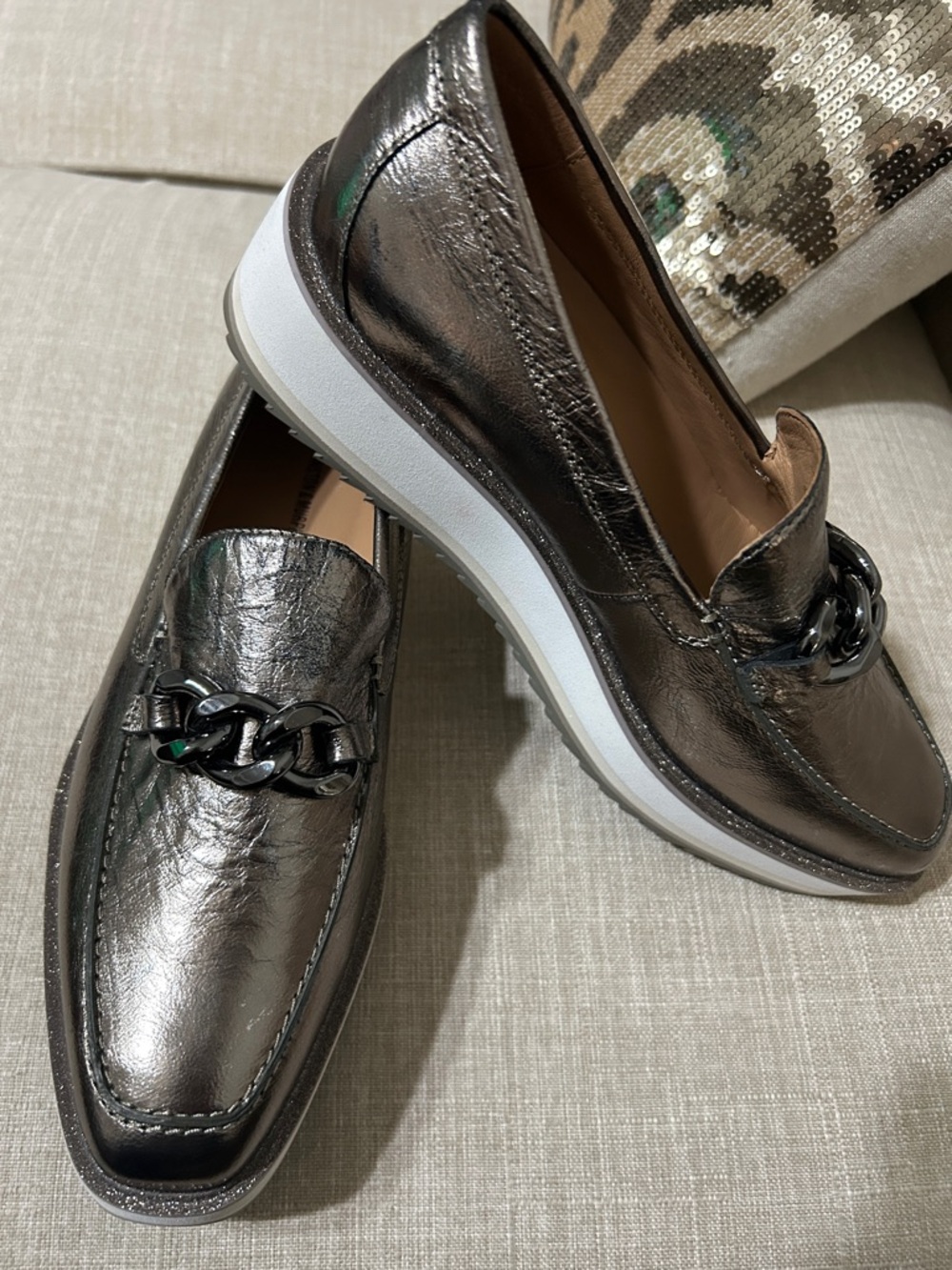 Metallic Gunmetal Slip-On Loafers with Chain Accent - women’s